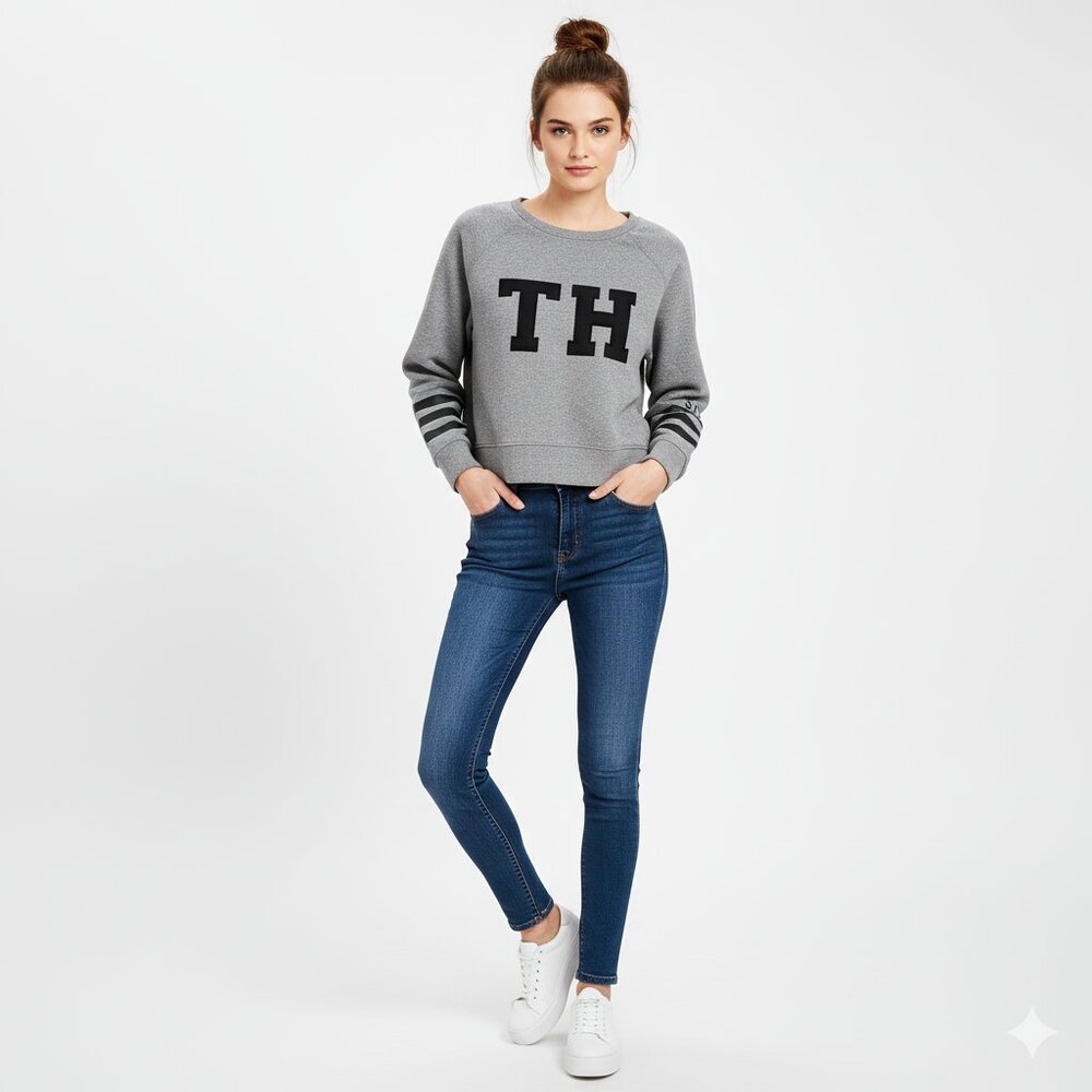 Tommy Hilfiger Sport Gray Sweatshirt L Boxy Pullover Fit Black Monogram Print